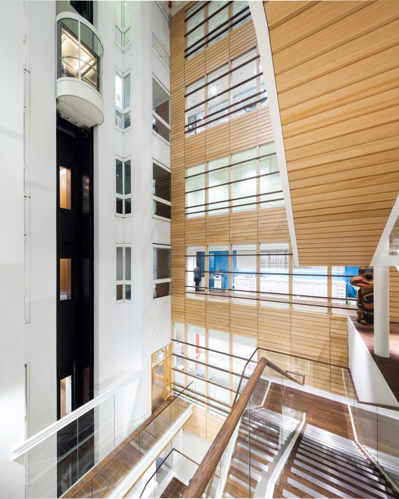 A view of the atrium in the Canada House building, showcasing its spacious design and contemporary features.