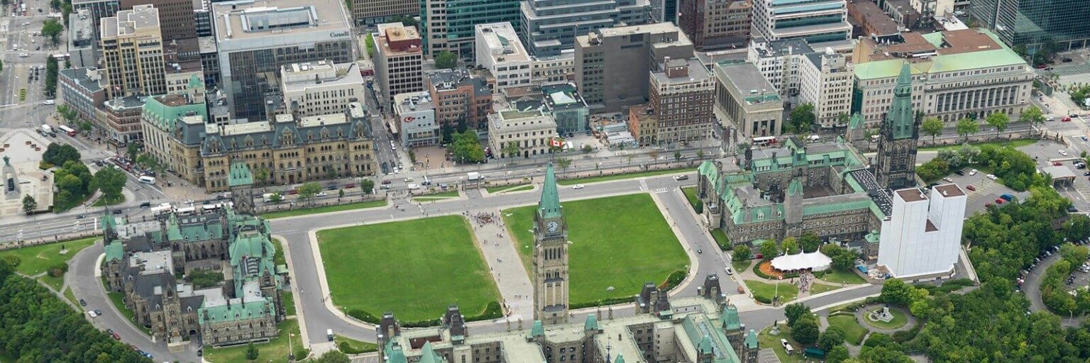 Aerial view of Parliament Hill, showcasing its architectural design and surrounding landscape.
