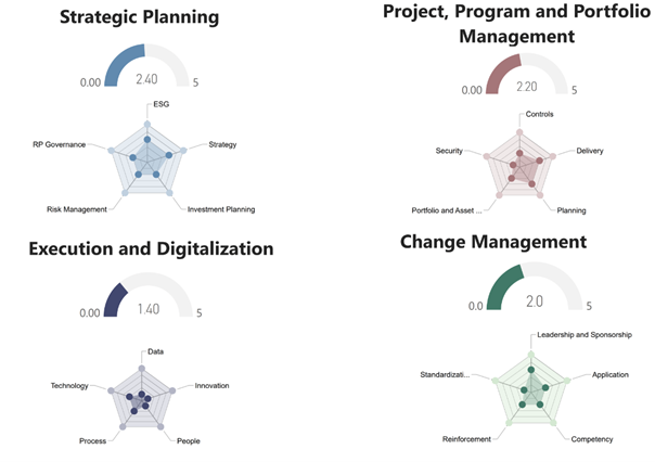 Sample results from Tiree's Organizational Maturity Model in four categories, shown with half-circle and spider graphs.