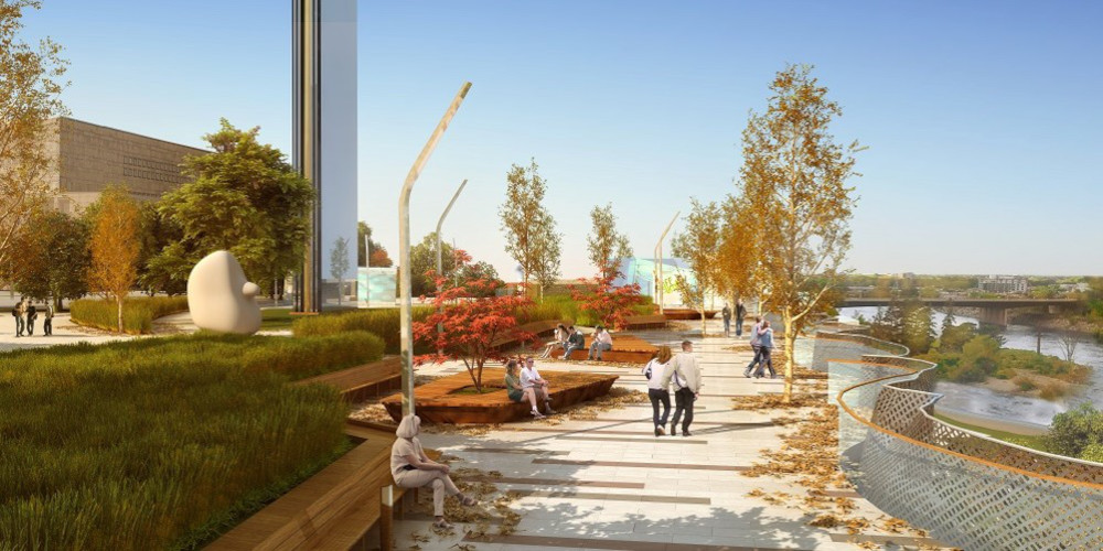 An artistic rendering of people walking on a paved concrete path of the new Cliff Energy Centre's upper plateau, with trees in the foreground and background.