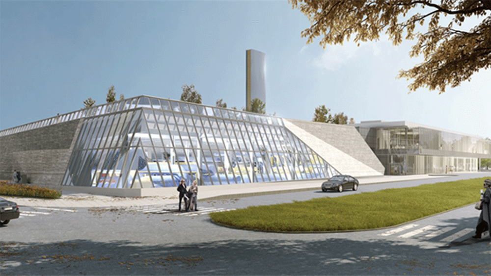 An artistic rendering of the Tunney's Pasture Energy Centre remodel, picturing a large glass wall that gives pedestrians a view into the centre.