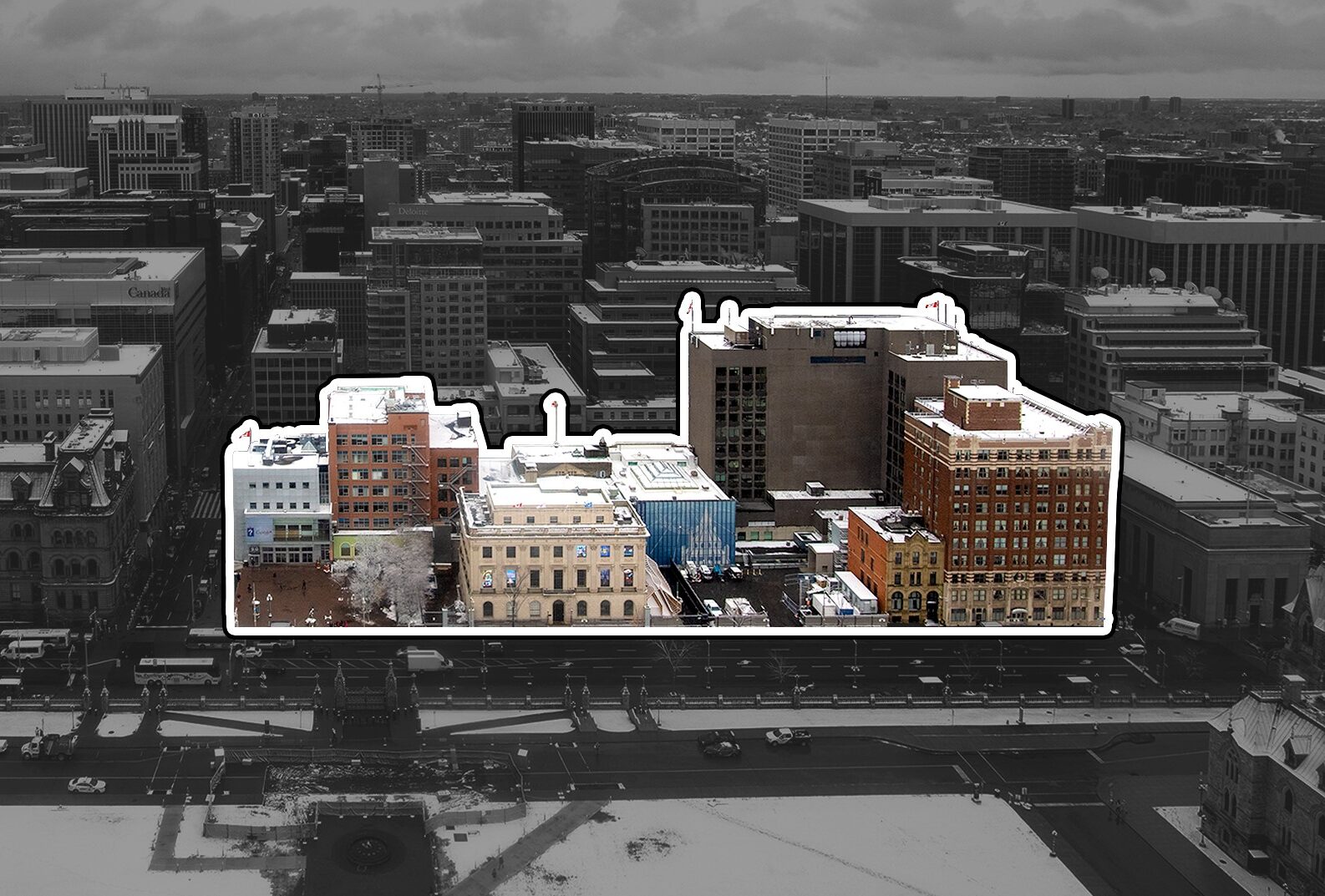 A black and white image of a city block with several buildings highlighted in colour, showing the location of Block 2 within the Parliamentary Precinct.