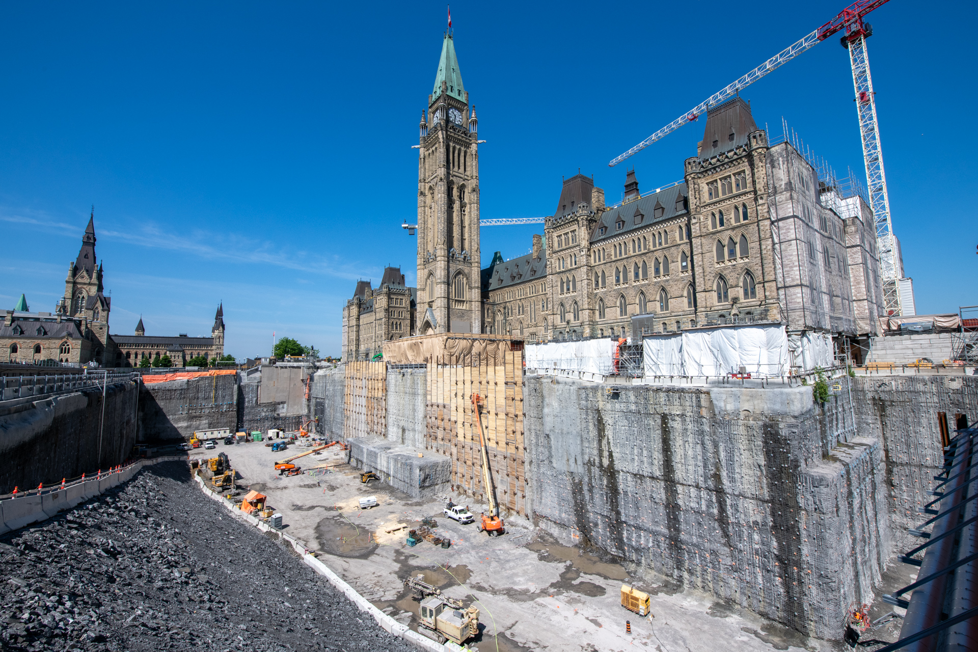 The foundation for the Parliament Welcome Centre with Centre Block in the background.