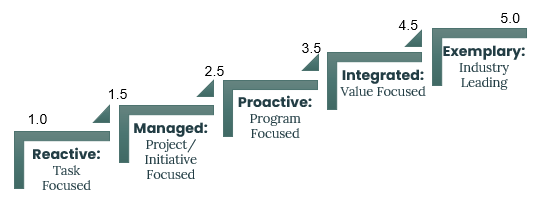 Maturity rankings from Tiree's Organizational Maturity Model, ranging from 1.0 (lowest) to 5.0 (highest).